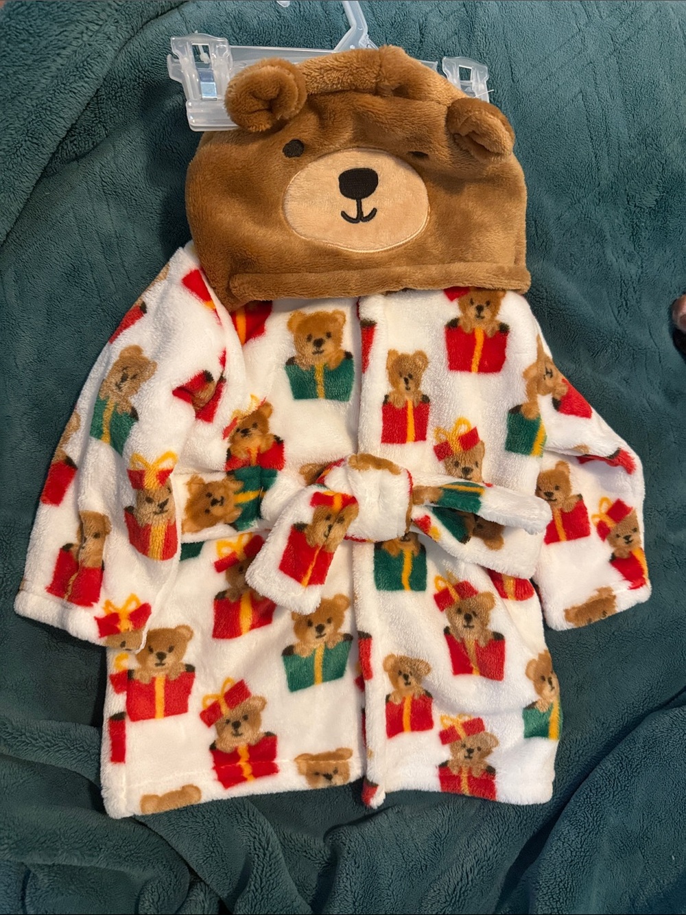 Kids Plush Hooded Robe with Gift Bear Print - White, Red & Green